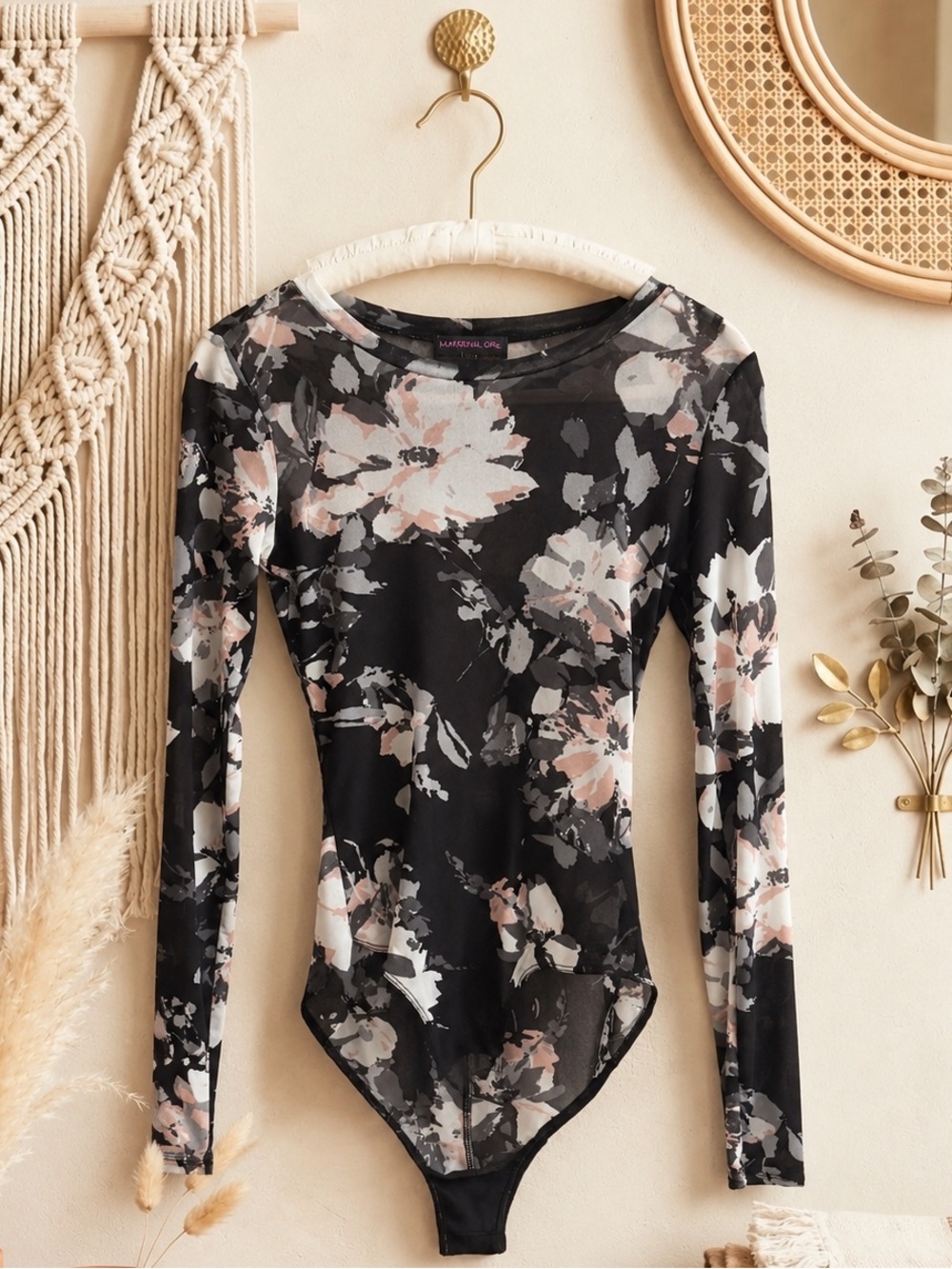 Material Girl Black Floral Long-Sleeve Bodysuit with Pink & White Flowers